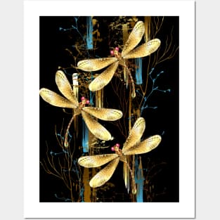 Three golden dragonflies Posters and Art